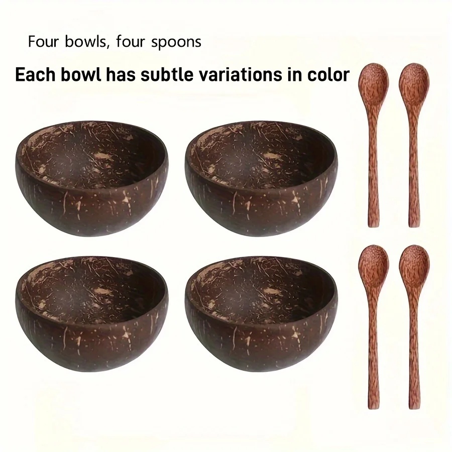 1/2/4 juegos de cuencos de cáscara de coco con cucharas, contenedor de postre de arroz, fruta, yogur, ensalada, vajilla de madera para el hogar y la cocina: YELLOW / 5 pulgadas