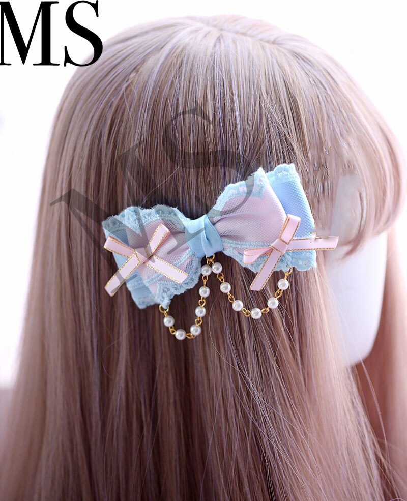 Lolita japonés rosa azul color de sueño japonés hecho a mano arco horquilla suave hermana accesorios para el cabello lazo tocado LOLITA original: Champán