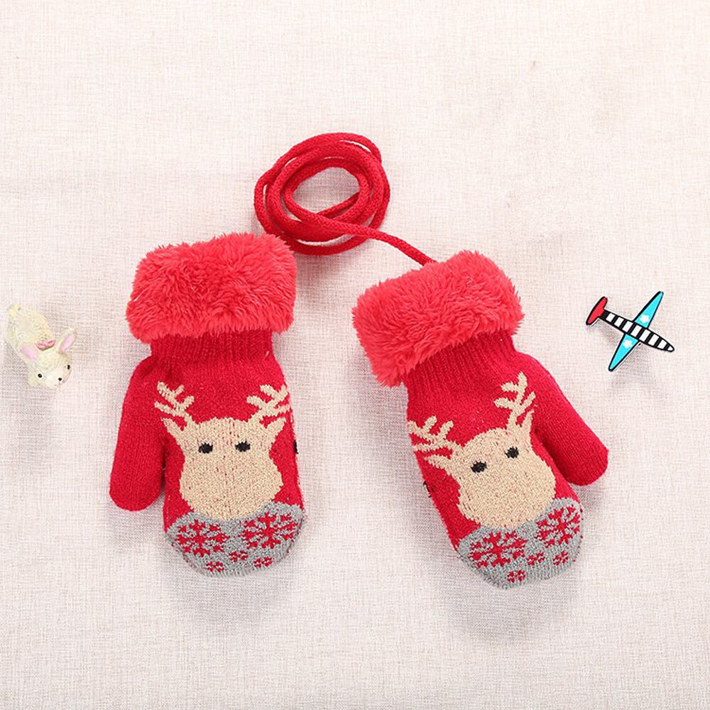 1 par adorável dos desenhos animados cordão luvas de malha natal elk grosso pelúcia quente luvas crianças meninos da menina luvas inverno ao ar livre: red