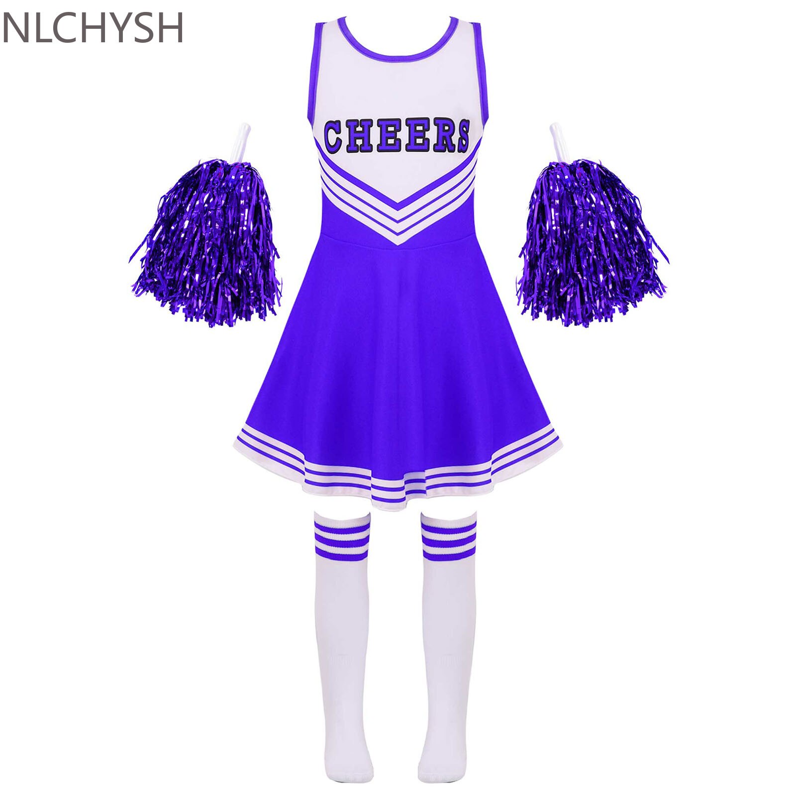 Mädchen Cheerleading Uniform tanzen Kostüm freundlicher Cheerleader Outfit Runde Ausschnitt Patchwork Stil tanzen Kleid Blume und Socken: Blau / 110
