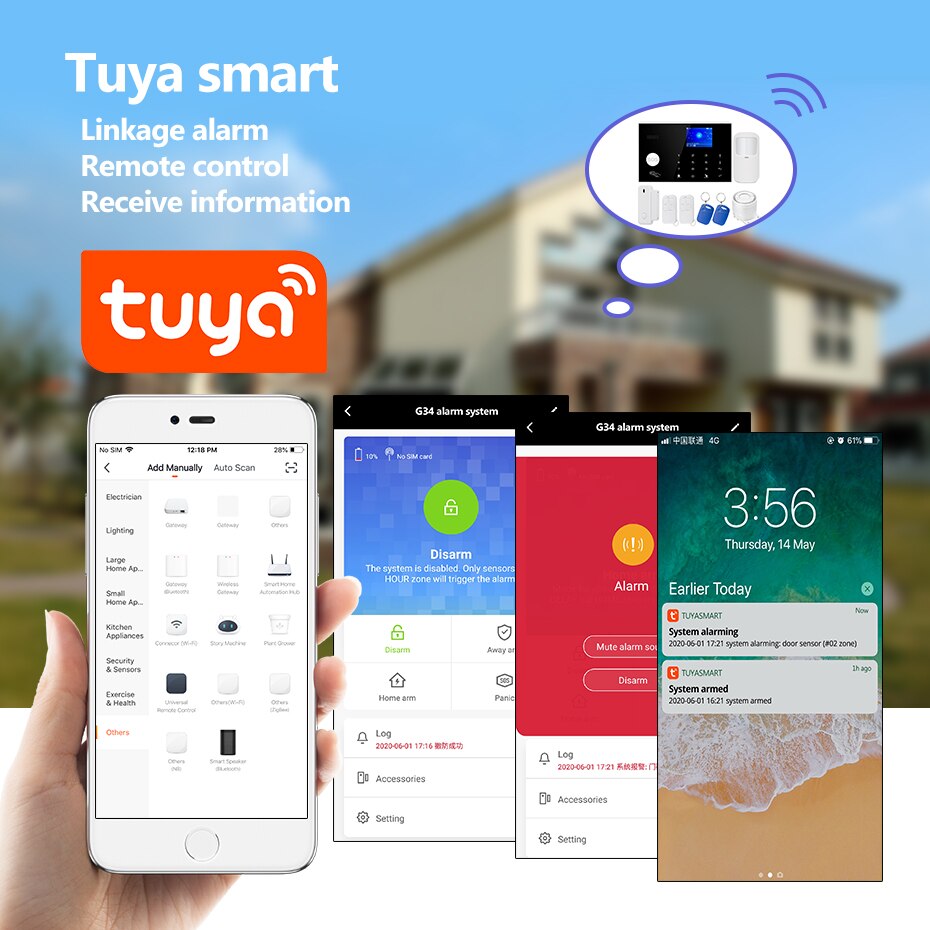 Sistema de alarma G34 para el hogar, Panel antirrobo de seguridad con WIFI, GSM, 3G, 4G, Control por aplicación remota Tuya, pantalla completamente táctil a Color de pulgadas, 2,4