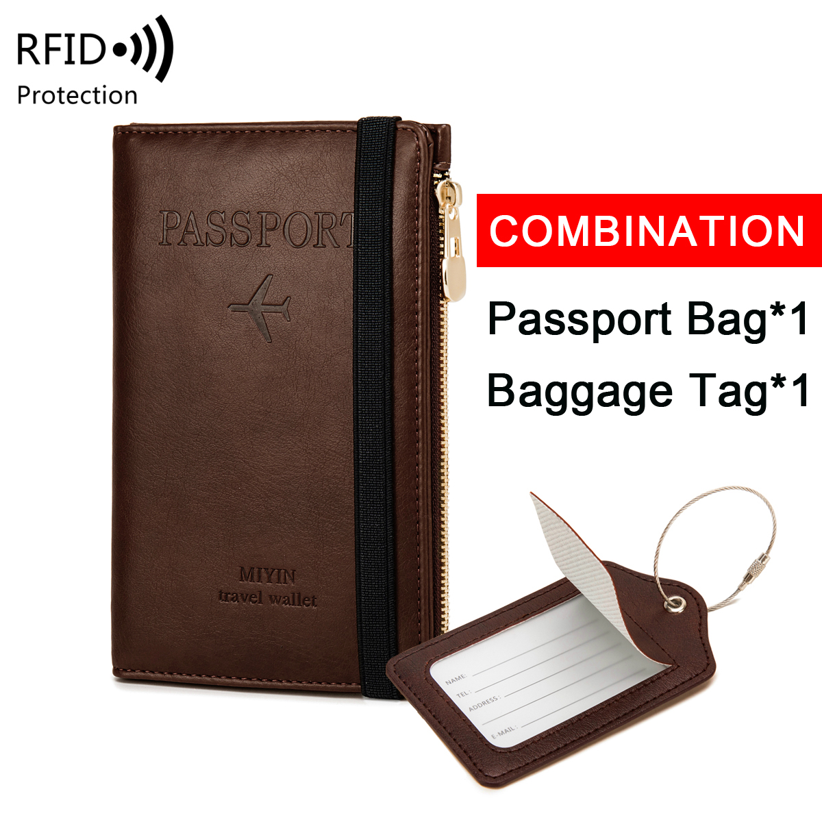 Minimalistisch en modieus RFID-reispaspoortset + PU-bagagelabel 2-delig/set geschikt voor reisaccessoires voor heren en dames: Bruin