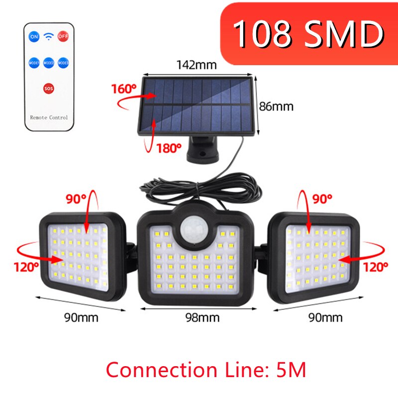Solar LED Light Outdoor Motion Sensor Solar Powered Garden Lamp 3 Heads Remote Control Waterproof Wall lamp For Garden Street: Style 6-Separately