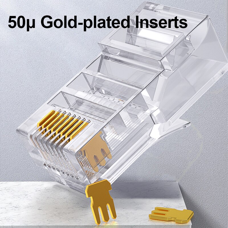 CAT6 CAT5E Pass Through RJ45 Modular Plug Network Connectors UTP 50u Gold-Plated 8P8C Crimp End for Ethernet Cable