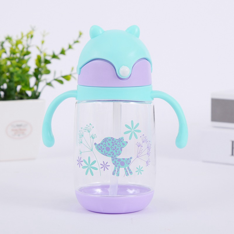 300ml Cute Fox Baby Feeding Cup with Straw Children Learn Feeding Drinking Bottle with Handle Kids Training Cup: QG