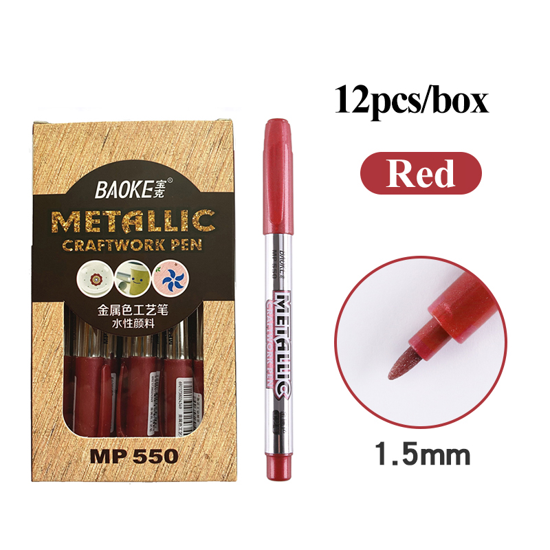 Baoke-rotuladores multiusos de Metal para manualidades, rotuladores de pintura permanente a prueba de agua, suministros de arte para estudiantes, 1,5mm, 6 colores: 12Pcs Red