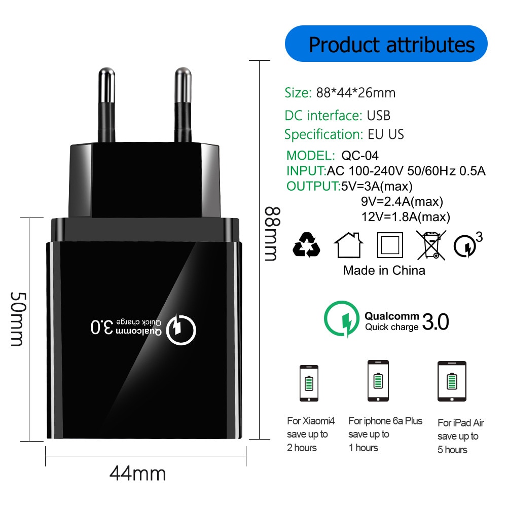 48W Quick Charge 3.0 4.0 USB Charger for iPhone X XS 7 Samsung Huawei P20 Xiaomi QC 3.0 Wall Travel Fast Charger EU US UK