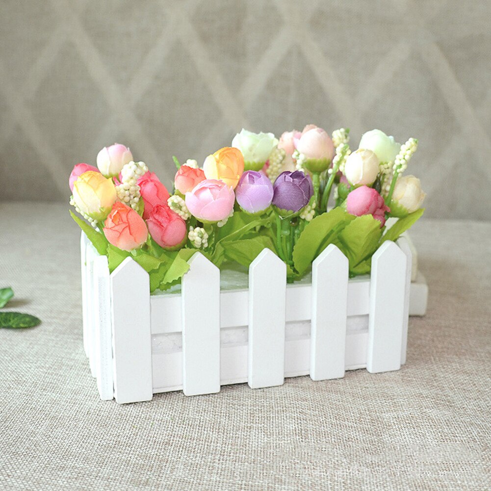 1 Set Wooden Fence Vase + Flower Rose And Daisys Silk Artificial Flowers Home Decoration Garden Decor Birthday