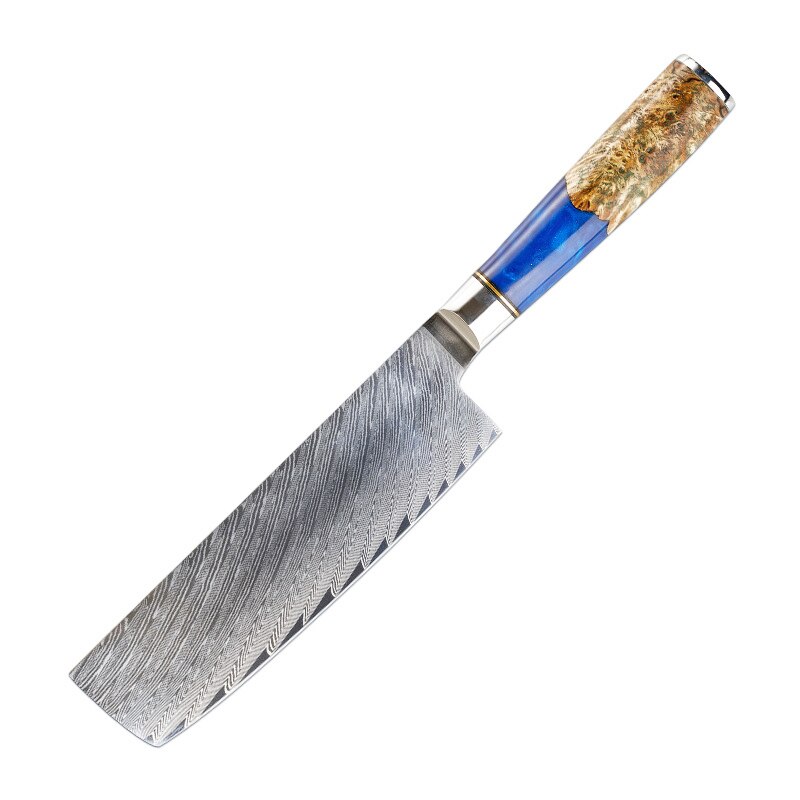 Kitchen Knives-Set Damascus Steel Chef Knife Cleaver Paring Slicing Knife Santoku Knife Blue Resin and Color Wood Handle 1-4set: sky blue