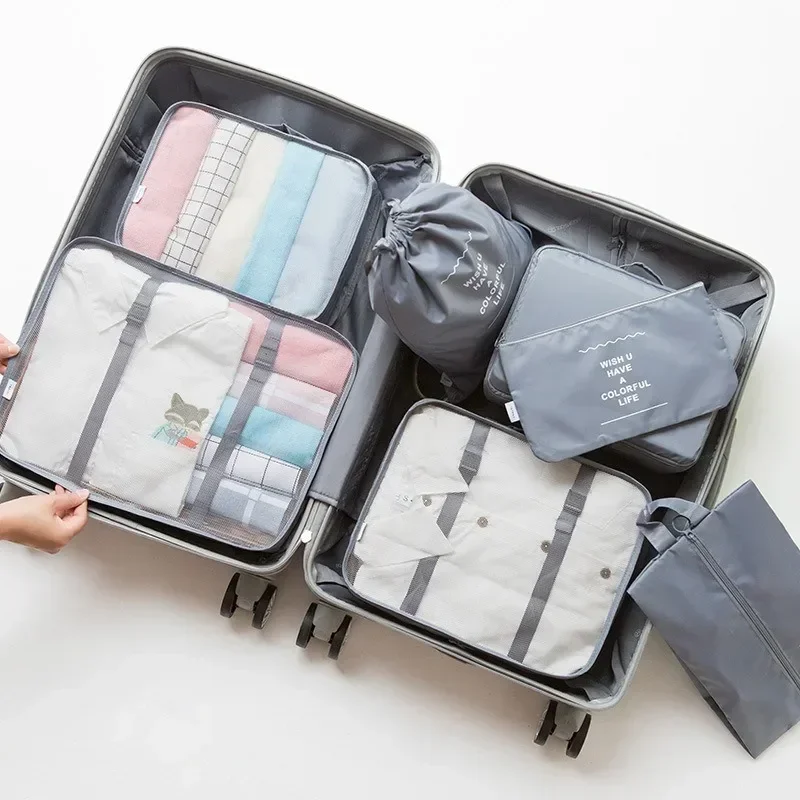 Ensemble de 7 pièces de sacs de voyage, organisateur de vêtements, bagages, organisateur de voyage, couverture, chaussures, sac, valise, pochette, Cubes d'emballage: Black