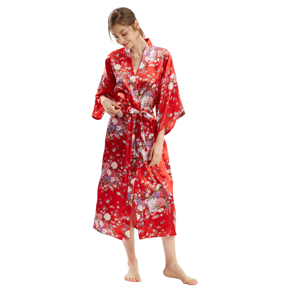 Kimono Badjas Jurk Met Halve Mouw Dames Lang Gewaad Print Bloemen Satijn Nachtkleding Thuis Jurk Losse Loungewear: Ivoor