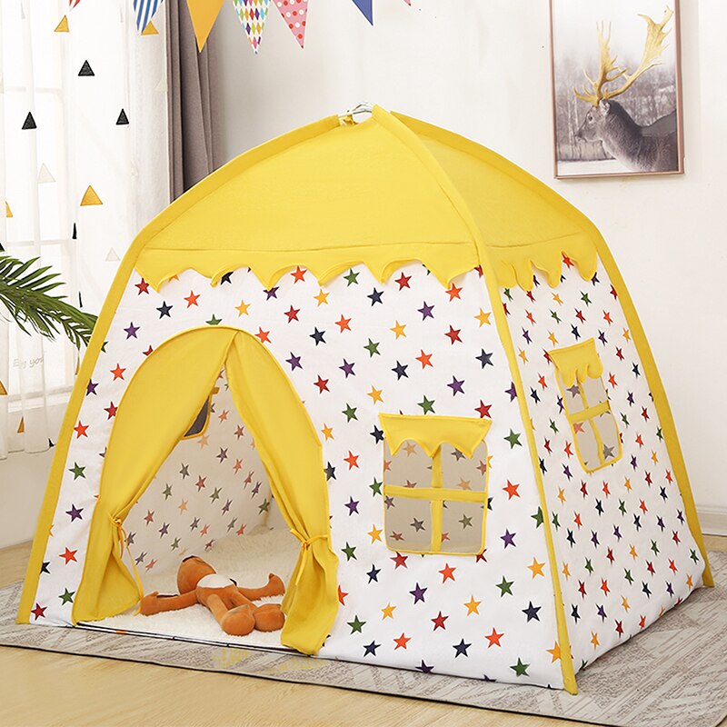 Portable Children&#39;s Tent Wigwam Folding Kids Tents Tipi Baby Play House Large Girls Pink Princess Castle Child Room Decor Tent: Yellow Stars