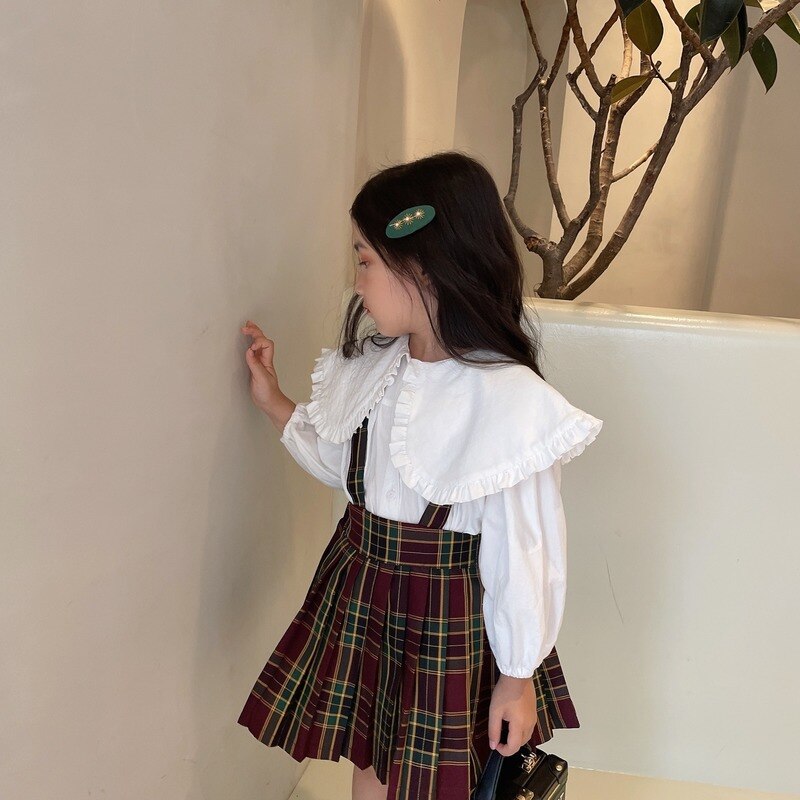Abito alla moda per ragazze due pezzi 2021 colletto per bambole autunnale camicia a maniche lunghe in cotone con risvolto grande e gonne a quadri scozzesi