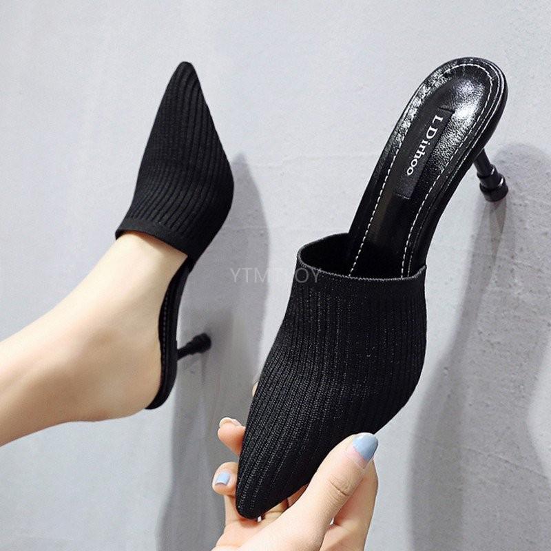 Tricoté élastique Mules pantoufles maison femmes à talons hauts femme chaussette chaussures été Designers Zapatillas Mujer Casa