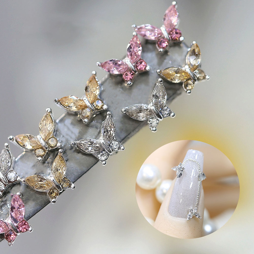10 Stück Mini 4*5mm Kristall Schmetterling Nagel Kunst Reize 3D Diamant Schmuck Teile Rosa Klar Metall Manikübetreffend Dekoration Strass Edelsteine