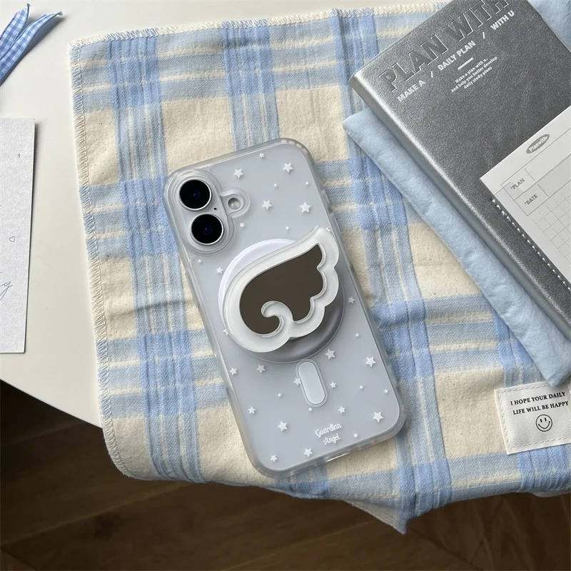 Korea's cute magnetic stand Tok cartoon star Angel Wings Magsafe phone case for iPhone 16 15 14 13 Pro Max mirror back cover