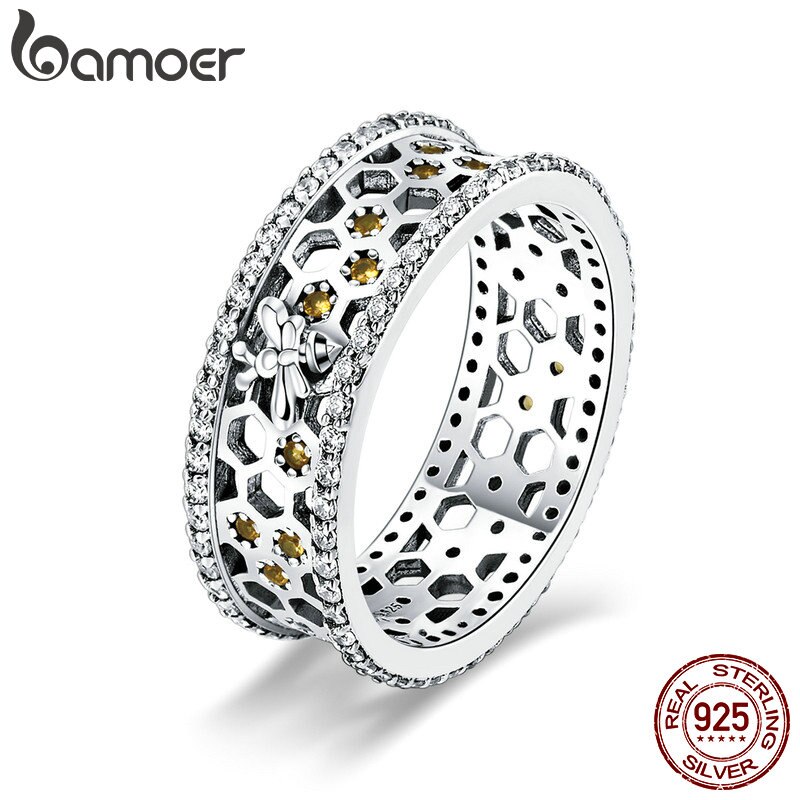 BAMOER Brede Zilveren Ringen voor Vrouwen Authentieke 925 Sterling Zilveren Bee Ster Blauwe Vinger Ring Vrouwelijke Fijne Sieraden Party Bijoux