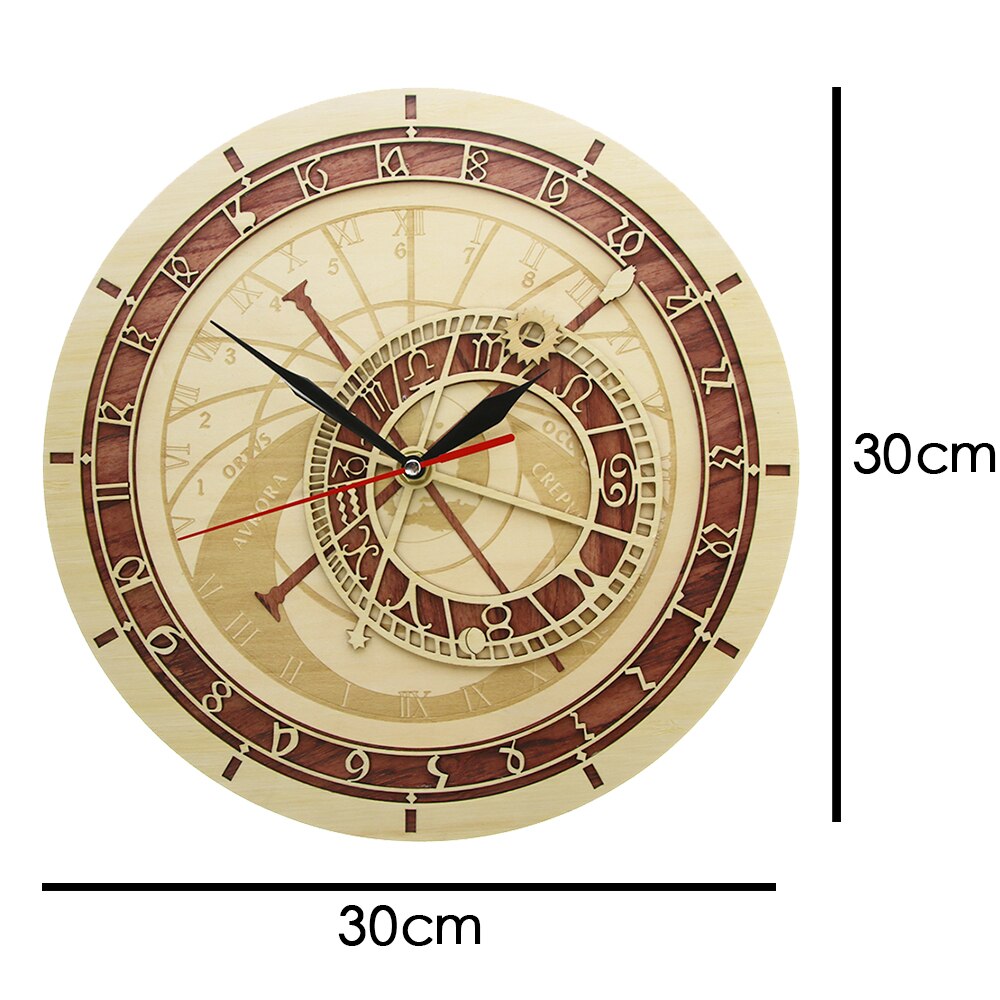 Prague Astronomical Clock in Wood Czech Republic Medieval Astronomy Wall Hanging Clock Astrology Decorative Wall Timepiece