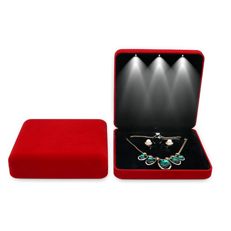 18X18X4.4 Cm Fluwelen Led Sieraden Doos Ketting Earring Ring Box Sieraden Set Display Storage Case: Red