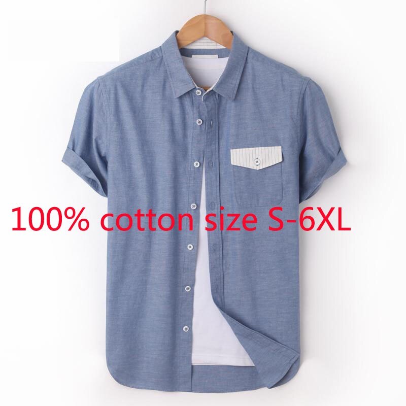 Lente Zomer 100% Katoen Mannen Korte Mouw Blauw Grote Casual Shirts Single Breasted Plus Size S-4XL 5XL 6XL