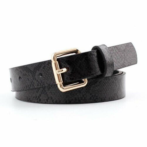 Cinturones con estampado de piel de serpiente para mujer, Cinturón de piel sintética con hebilla cuadrada dorada: Black