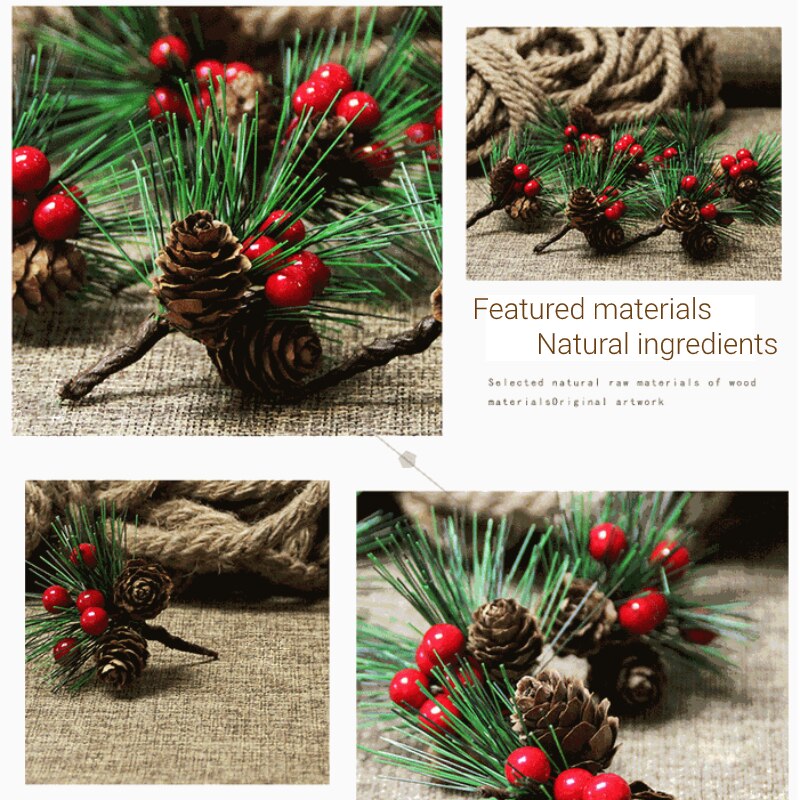 10pcs Artificial Flower Red Christmas Berry Pine Cone With Holly Branches Mini Christmas Tree Decoration Home Decor Flower Craft