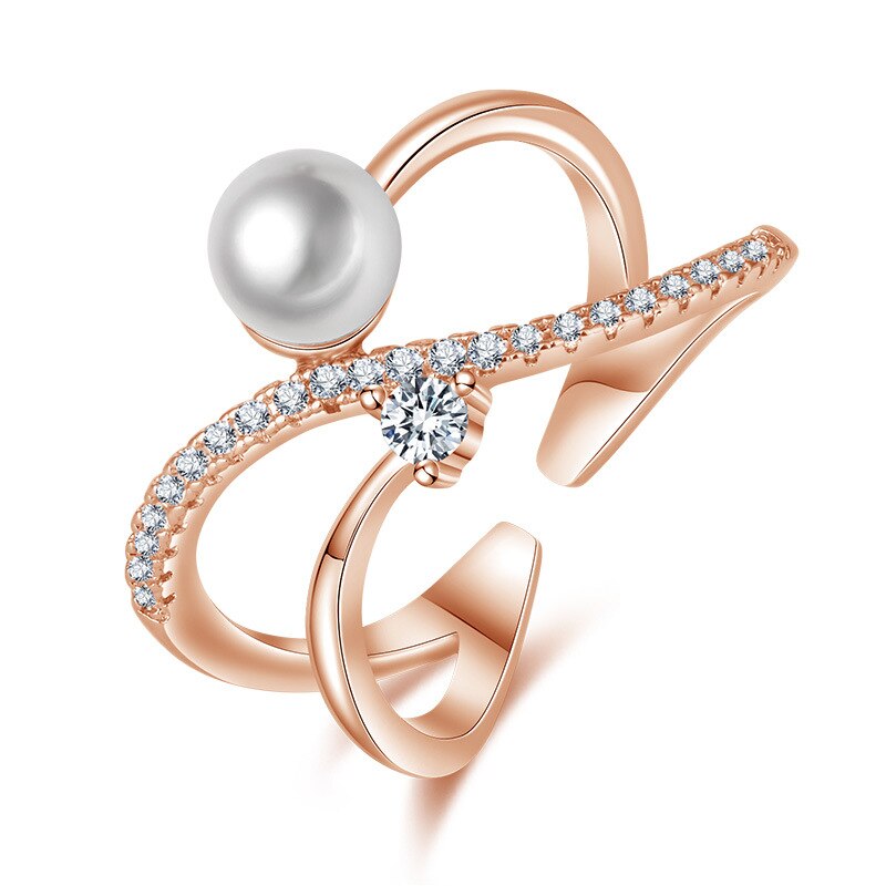 Women's rings, 925 silver jewelry, pearl, zircon gemstones, open finger ring accessories for wedding, engagement, party: Rose gold