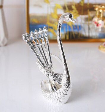 Fruit fork set zinc alloy lovely household fruit sticks with European fork Swan shaped tableware mini spoon tiny spoon: Silver