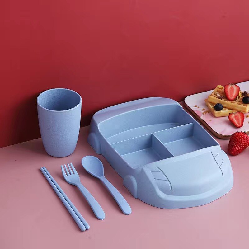 Children Tableware Plates Set Baby Feeding Dish Kids Crockery Split Plate Toddler Spoon Fork Bowl Kid Food Dishes Cutlery Gadget: Blue 5 set
