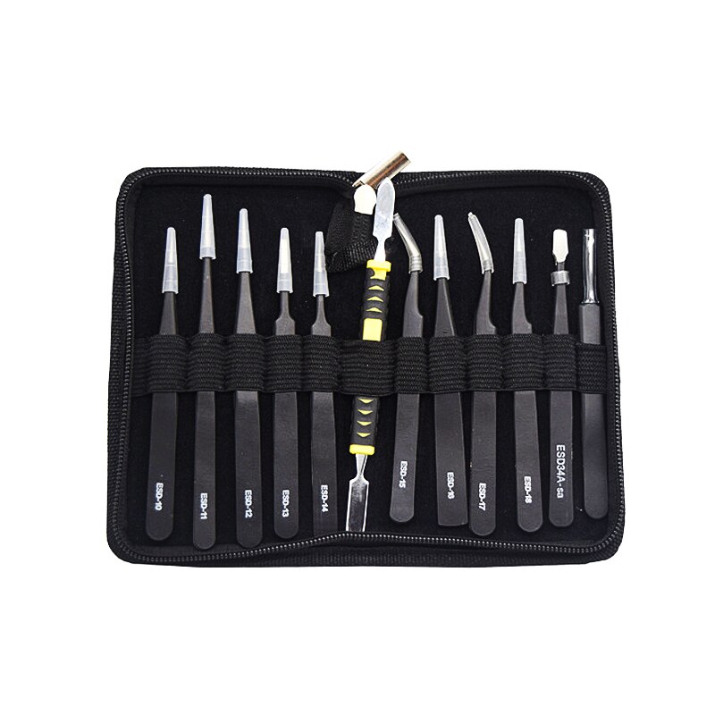 Tweezers 12 Pieces ESD Tweezers Tools Kit Anti-static Non-magnetic Stainless Steel Multi-standard with Storage Bag