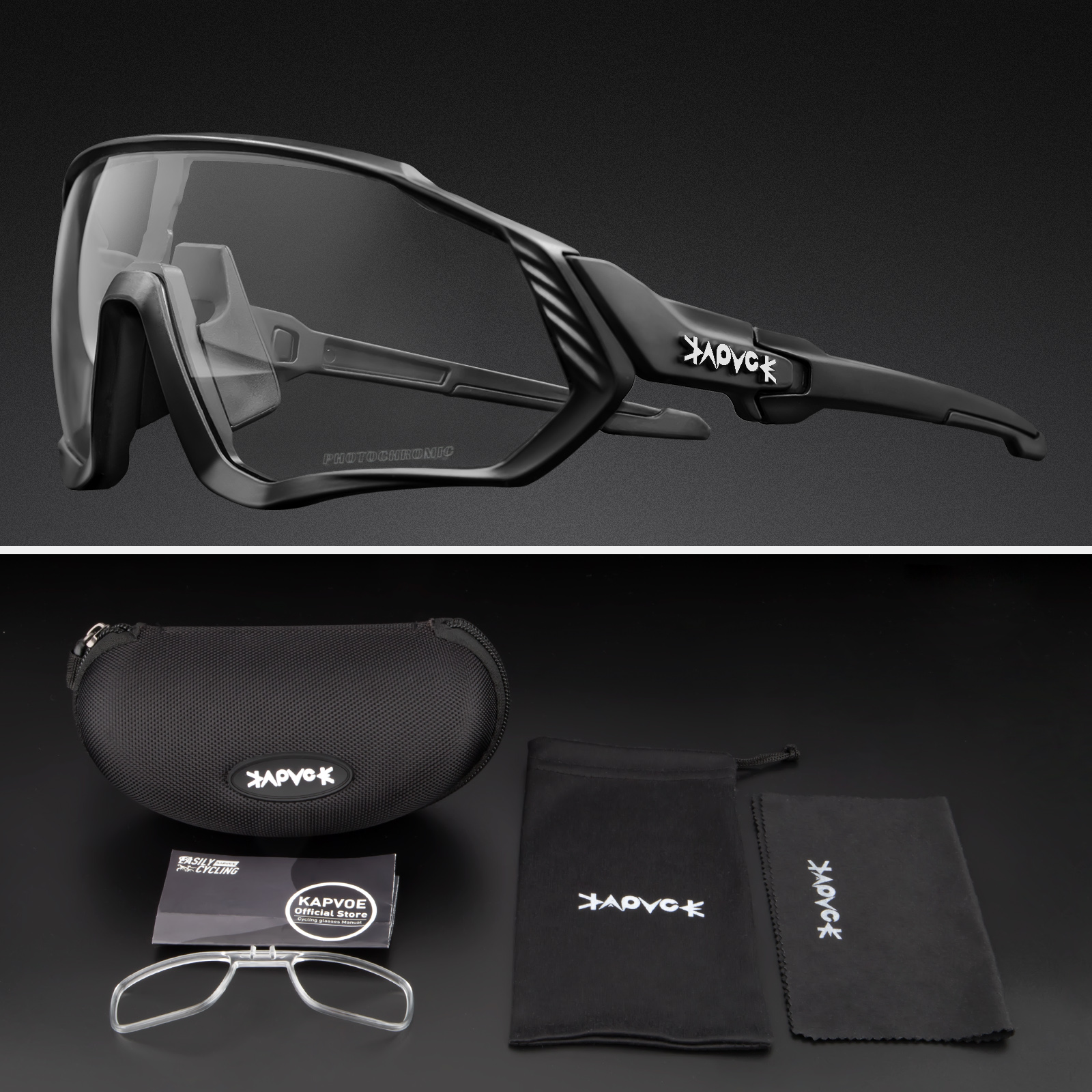 Kapvoe photochromique sport cyclisme lunettes pour hommes femmes vtt montagne route lunettes de vélo cyclisme lunettes de soleil Oculos Ciclismo: Black
