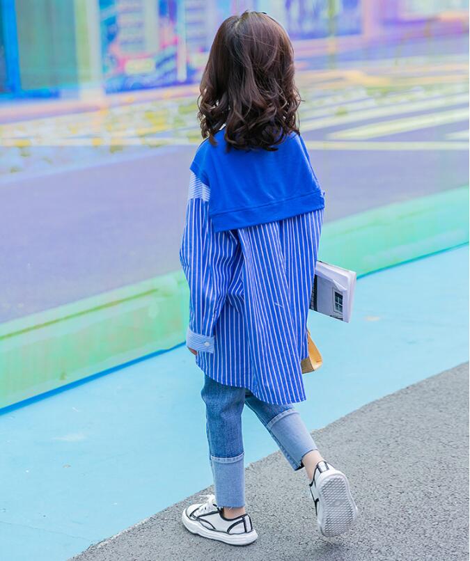 Girls Blouses Autumn Teen Girls Blue Striped Cotton Long Sleeve Shirts Children Top Kids Clothing