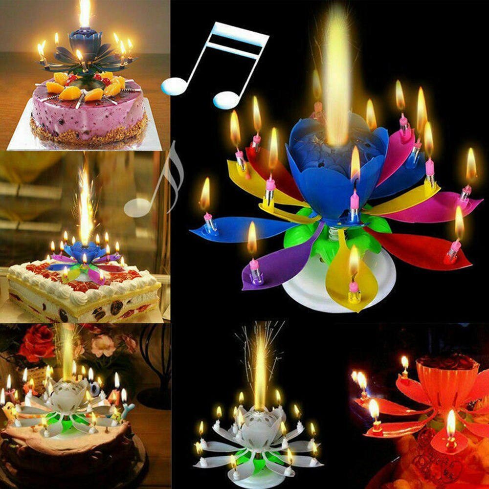 Magic Cake Birthday Lotus Flower Candle Blossom Musical Rotating Decoration Double Lotus Candles Plastic And Wax