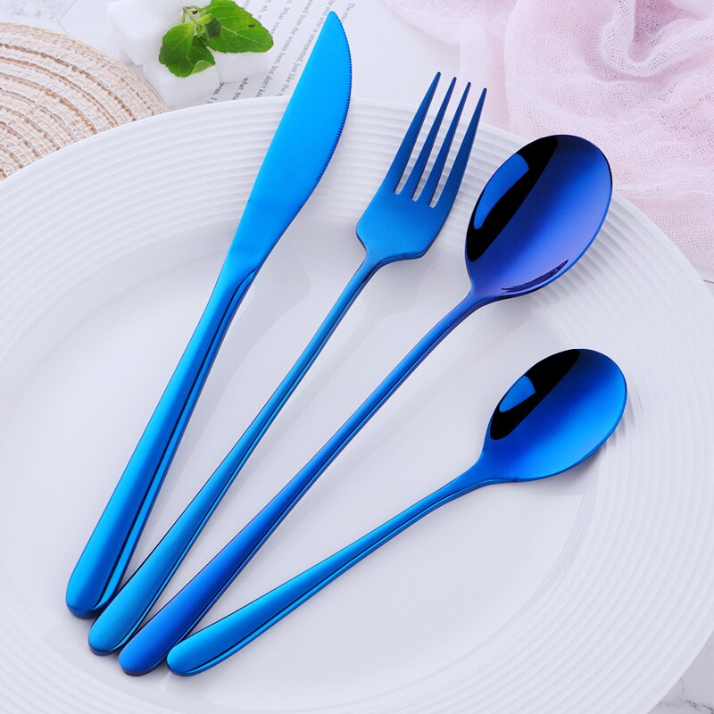 Juego de cubiertos dorados de acero inoxidable, juego de cena portátil, tenedor, cuchillos, cucharas, vajilla occidental, vajilla negra para en casa, 4 Uds.: Blue