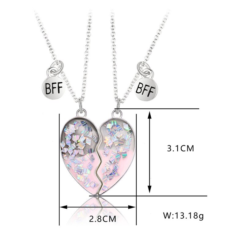 Sequin Stitching Heart Broken Best Friends Necklace Pendant Chain Necklaces BFF Friendship Jewelry for Unisex 2PCS