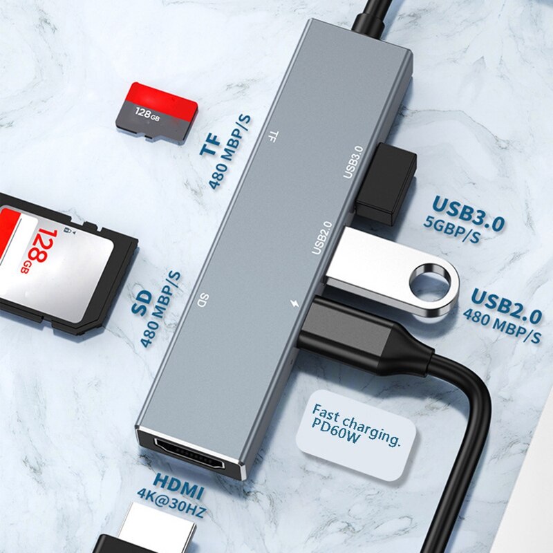 Type-C to HDMI 6 in 1 Expansion Dock USB C Hub Notebook Docking Station