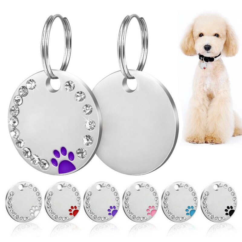 Collier en forme de patte pour chien et chat, porte-clés avec identification, chaîne en métal strass, pendentif gravé avec nom