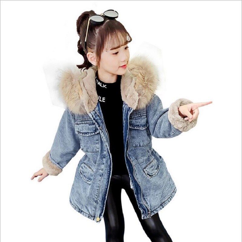 Winter Thicken Denim Jasje Voor Meisjes Plus Kasjmier Hooded Jas Voor Kinderen Kleding Warm Mode Meisjes Denim Jassen 5-13Y