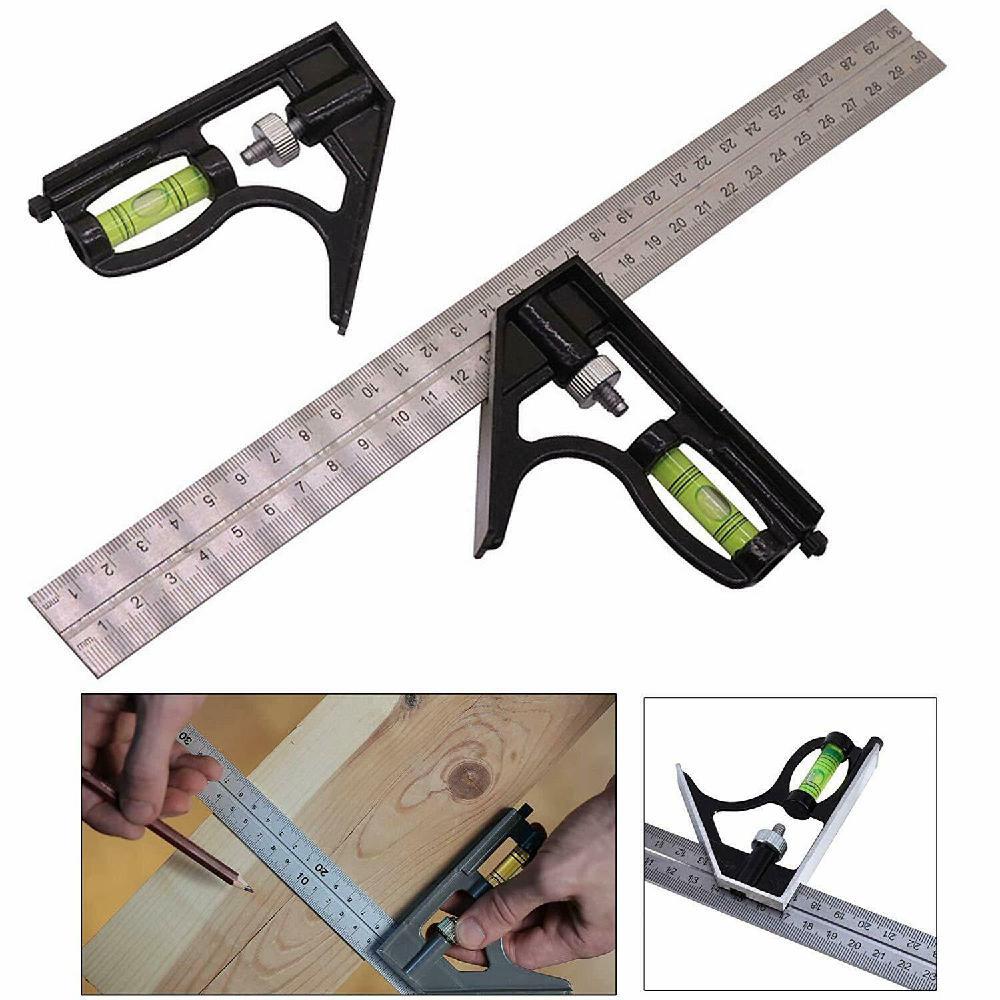 Square Ruler Set Kit 300mm (12") Adjustable Engineers Combination Try Square Right Angle Ruler Set with Spirit Level and Scriber