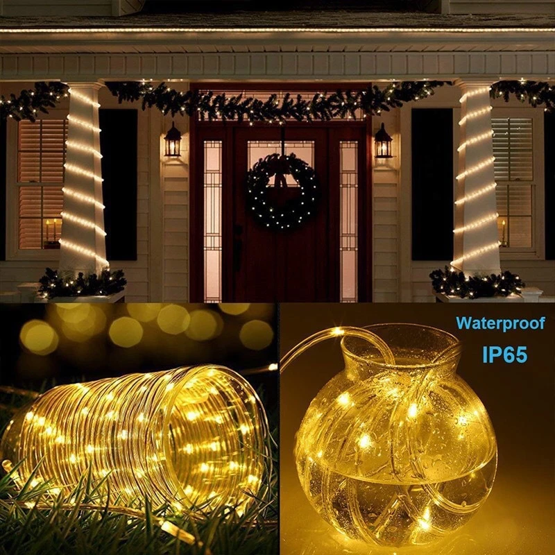 Outdoor Solar Tube Rope Led String Lights Street Yard Camping Garden Decoration Wedding Garland Waterproof Fairy Strip Light