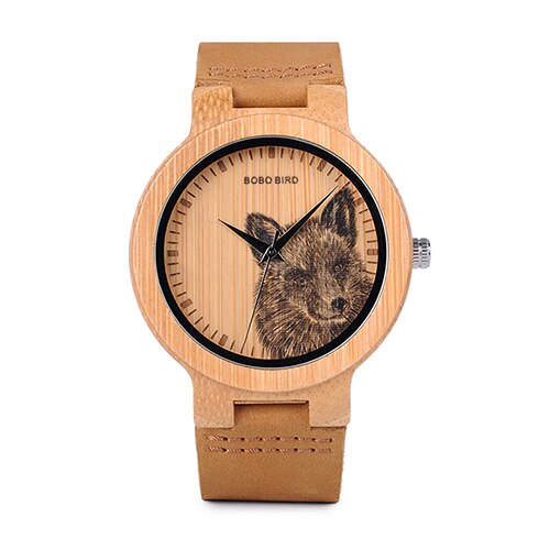 BOBO BIRD Watch Men Wooden Lifelike Print Dial Face Quartz Watches 3D Visual Timepieces as relogio masculino: Snow Fox