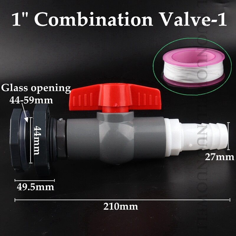 1Set 1/2"1" Combination Valve Aquarium Pagoda Connector Fish Tank Drain Joint Aquarium Hose Drainage Accessories Valve Assembly: 1in valve 1