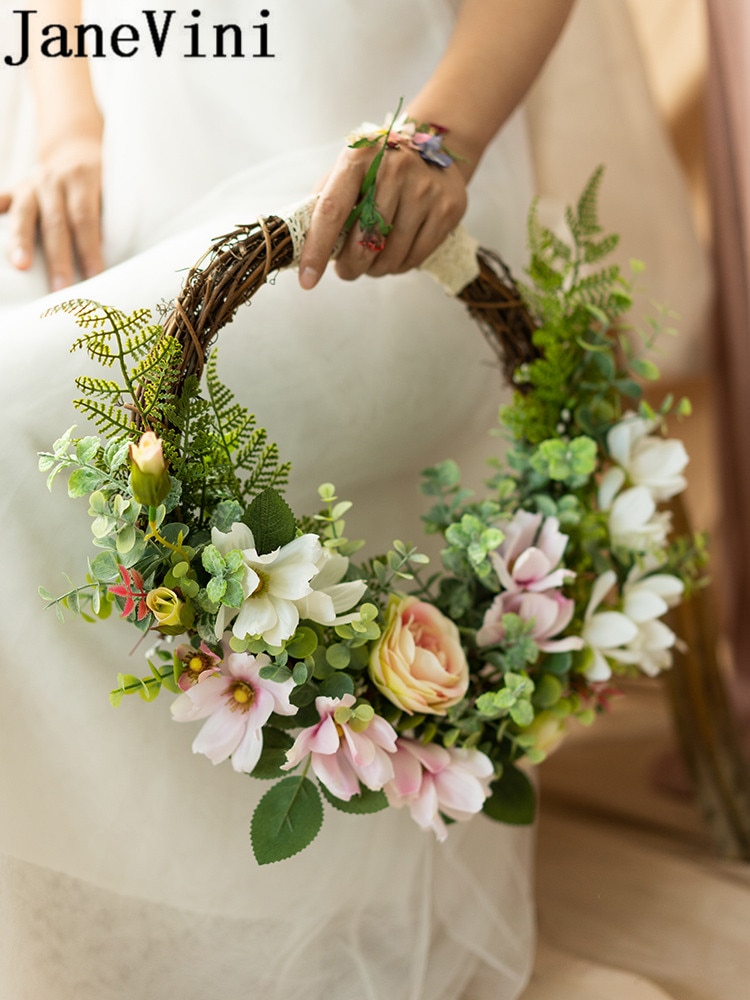 JaneVini Ronde Bruiloft Krans Bruidsboeketten Roze Kunstmatige Bloemenmand Bruid Boeket Bruidsmeisje Zijde Bloem Boeket Klopper
