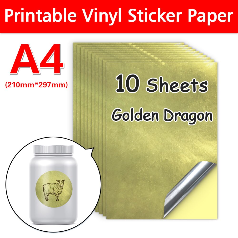 10 Sheets Printable Vinyl Sticker Paper For Inkjet Printer A4 Transparent Waterproof Self-Adhesive Copy Paper DIY Patten Sticker: Golden Dragon