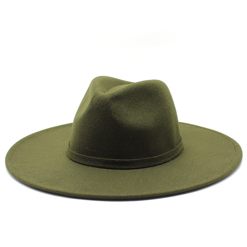 9.5CM Women Men Big Wide Brim Wool Fedora Hat British Style Winter Gentleman Lady Jazz Church Hats: Green