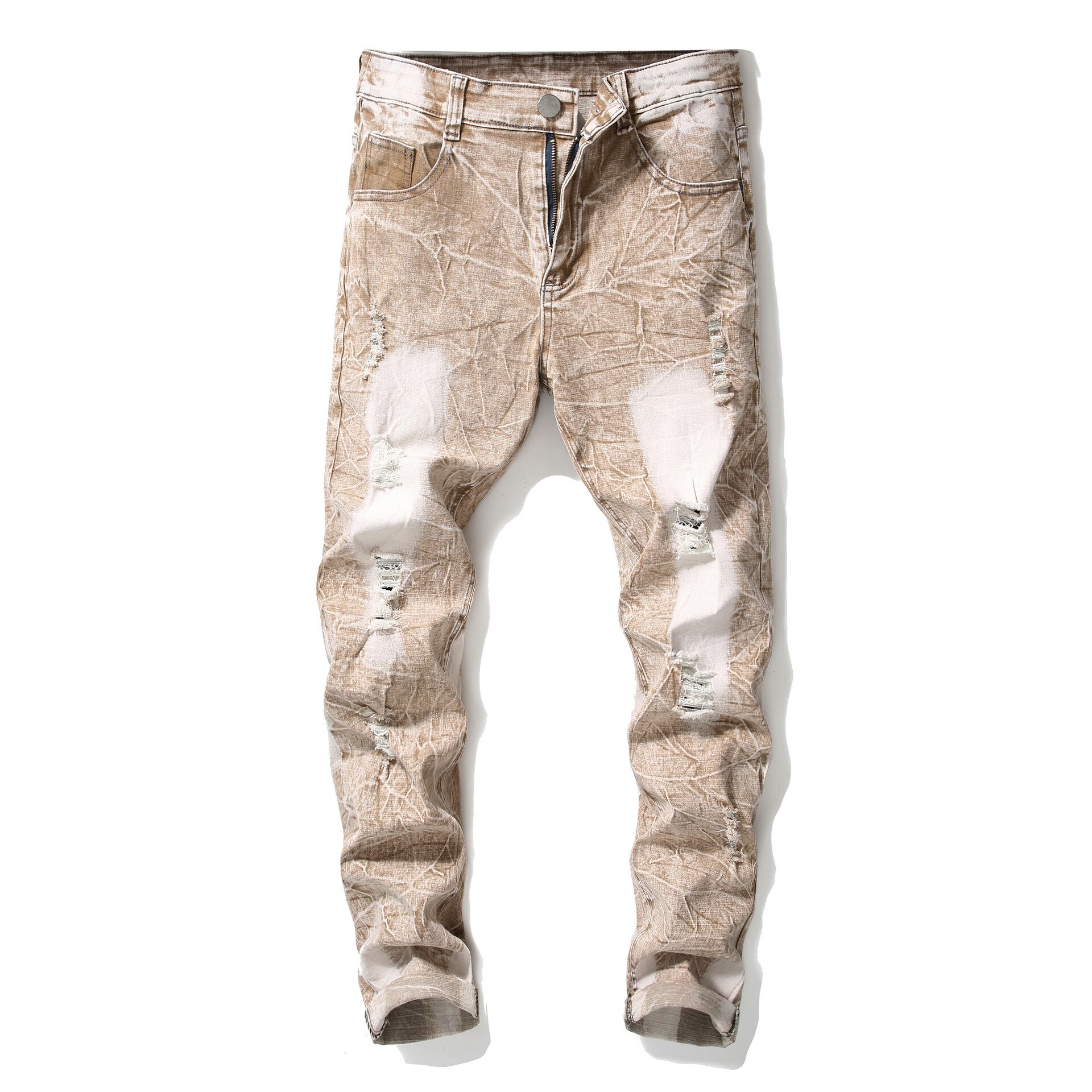 jean kaki homme déchiré délavé coupe étroite Stretch Denim pantalon