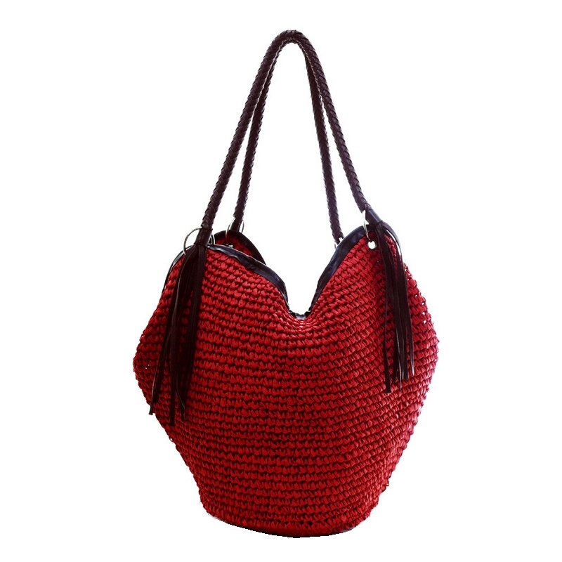 Bohemian Stro Vrouwen Schoudertassen Casual Grote Capaciteit Rotan Bakken Geweven Rieten Kwastje Emmers Dame Handtassen Zomer Strand Sac: red