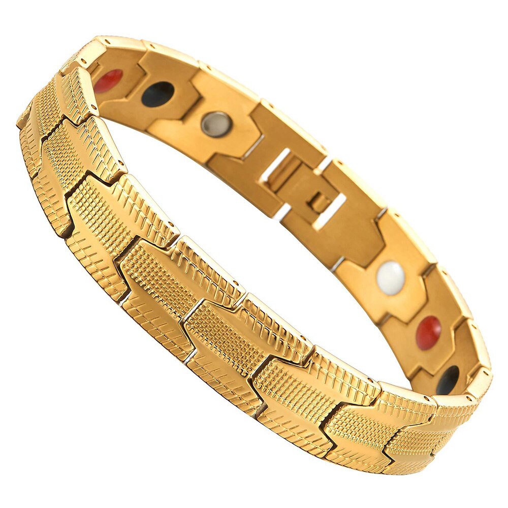 FINE4U B386 Negative ions Magnetic Therapy Bracelet & Bangle Hologram Bio Energy Bracelets Wristband for Men: Gold1