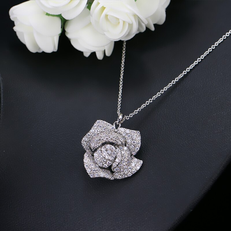 ThreeGraces di Cerimonia Nuziale di Modo Del Partito Dei Monili Zircone Cubico Micro Pavimenta Big Ciondola Fiore della Rosa Degli Orecchini Della Collana Imposta Per Le Signore JS096