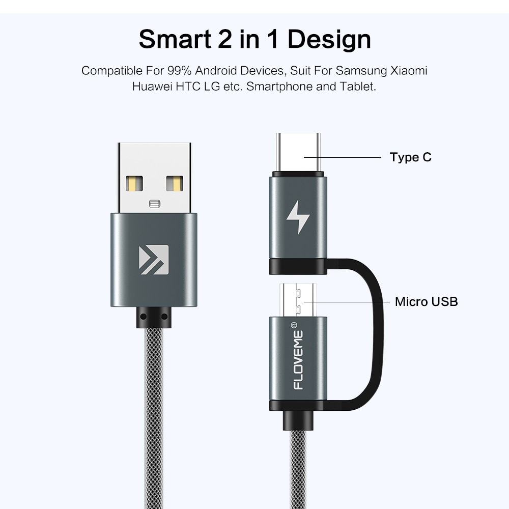 FLOVEME QC3.0 2.8A Micro USB Cable Fast Charger Charging USB Type C Cable 2in1 Type-C Cable for Samsung Xiaomi Oneplus Huawei P9